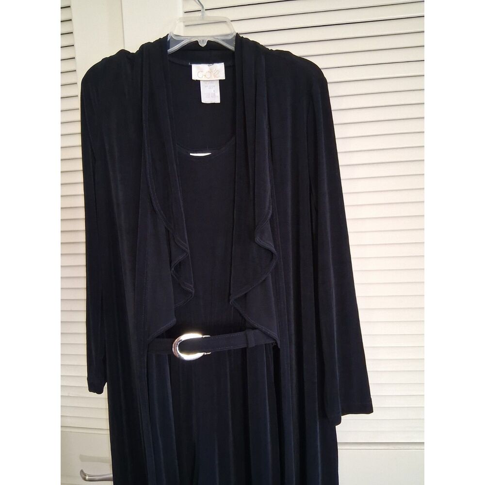 VTG 80s Cache M Jumpsuit Wide Leg Duster Cardigan Belt Black Liquid Knit Slinky - Picture 3 of 12